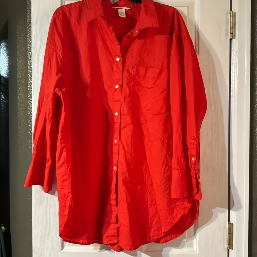 Red Linen Button Down Long Sleeve